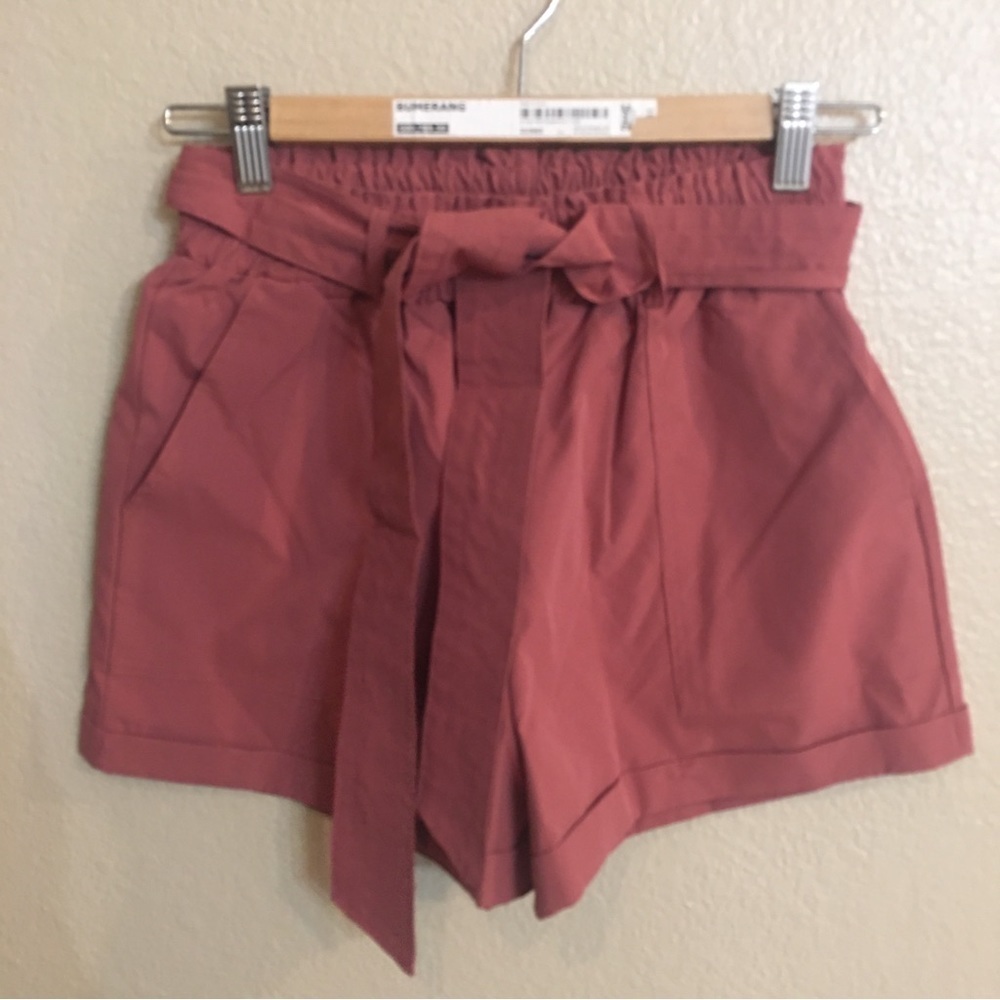 Paperbag Ruffle Tie Summer Polyester High Waisted Pockets Shorts Rose Small